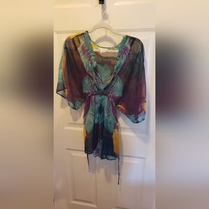 NWOT Multicolored Chiffon Charlotte Russe Top Size L with Waist Tie 3/4 Sleeves